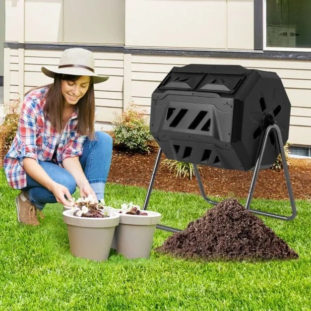 Tambor de Compostagem 160 L de Câmara Dupla com 2 Portas Deslizantes para Resíduos de Jardim Preto