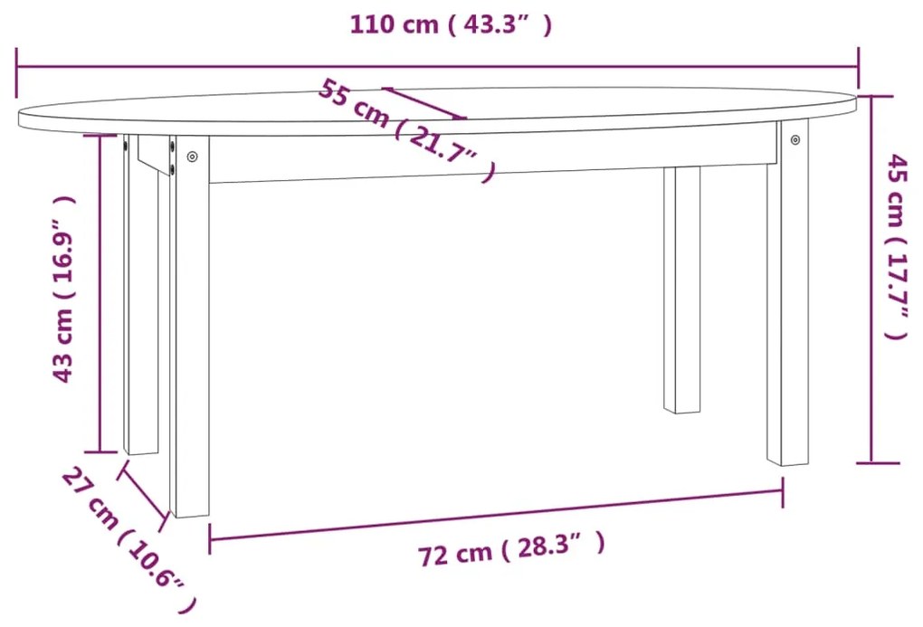 Mesa de centro 110x55x45 cm madeira de pinho maciça