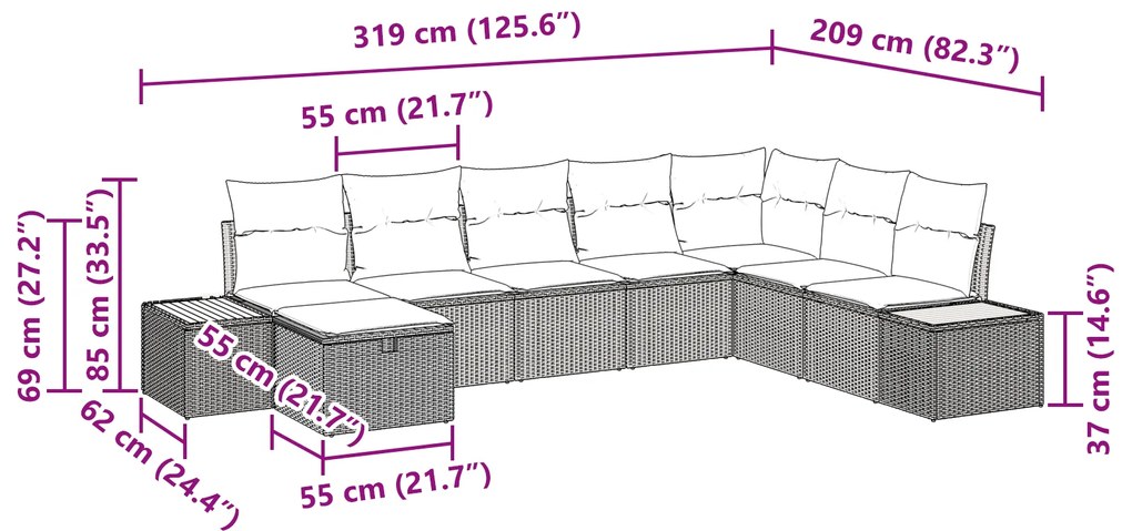 Conjunto de Sofás para Jardim de 8 Peças com Almofadas Cinza Vime Poli