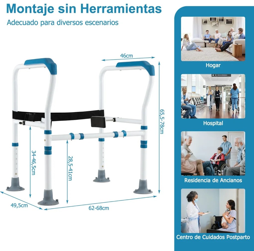 Apoio de braço para sanita para idosos com calha de segurança ajustável em altura e largura e correia fixa para deficientes Azul