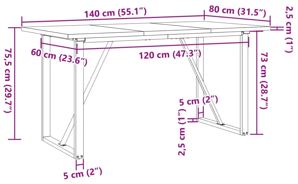 Mesa de jantar estrutura em O 140x80x75,5cm pinho/aço