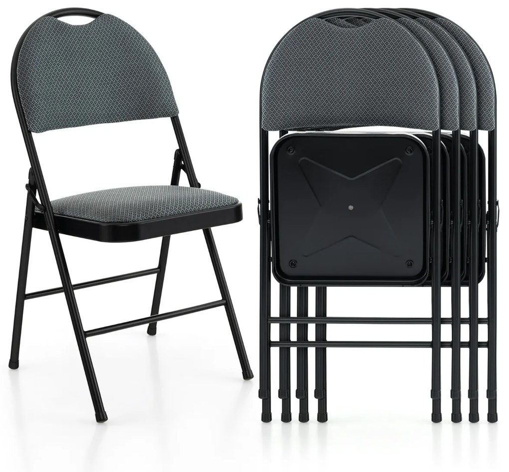 Conjunto de 4 cadeiras dobráveis portáteis com assento almofadado e encosto em tecido Estrutura metálica estofada para escritório casa Cinzento