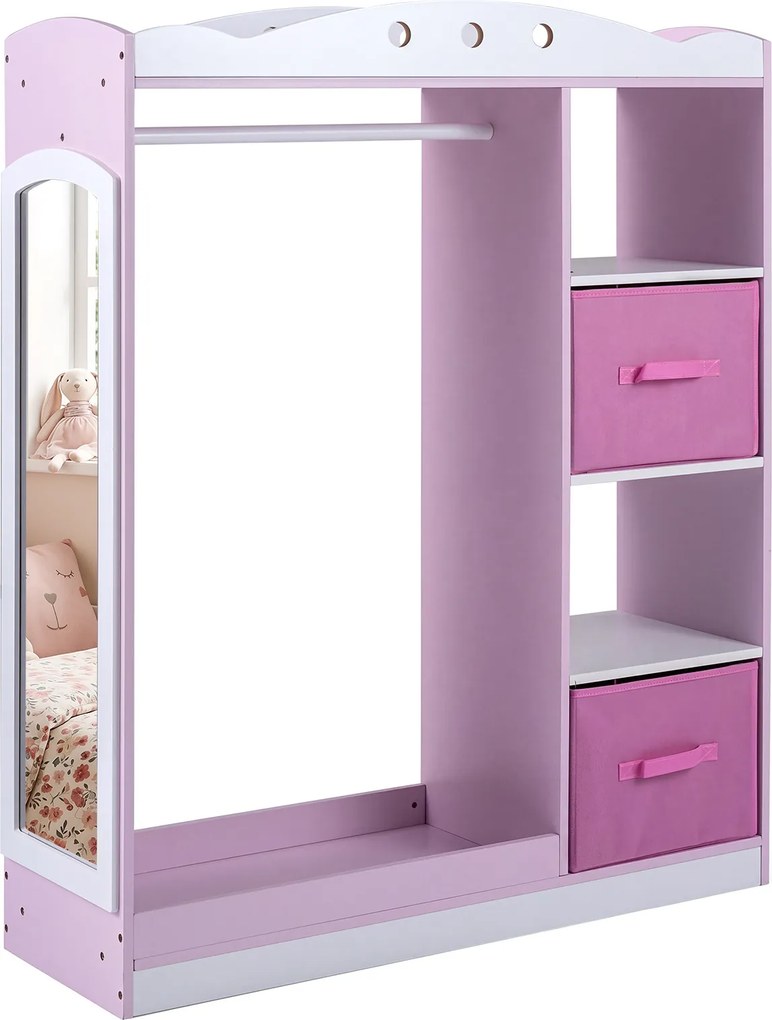 Guarda roupa Infantil com Espelho, 90 x 30 x 111,5 cm, com Gavetas e Prateleiras, Rosa
