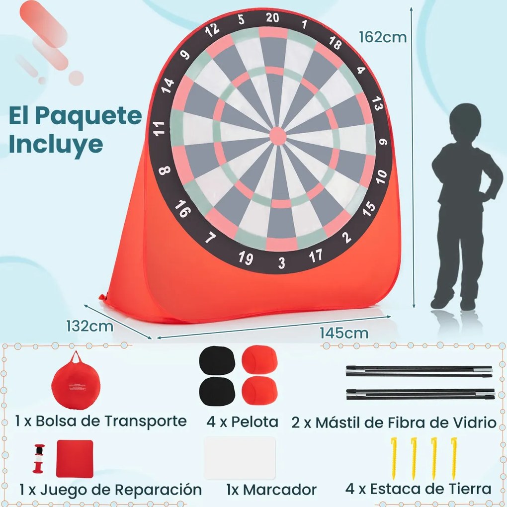 Jogos e actividades de dardos gigantes para exterior, dobráveis e portáteis, com 4 bolas de pontapé 145 x 132 x 165 cm - Vermelho