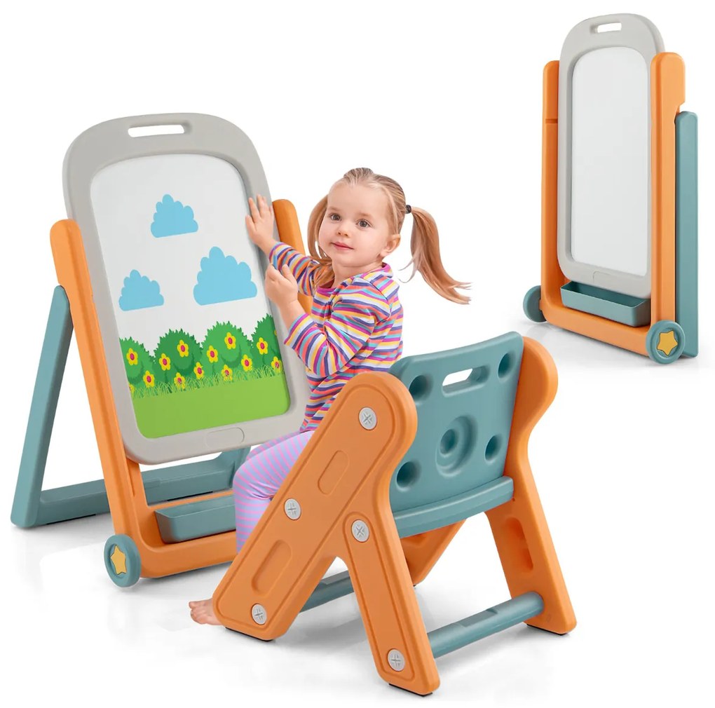 Conjunto de Quadro e cadeira para crianças Conjunto de cavalete para crianças com quadro branco magnético Cadeira ajustável em altura com encosto