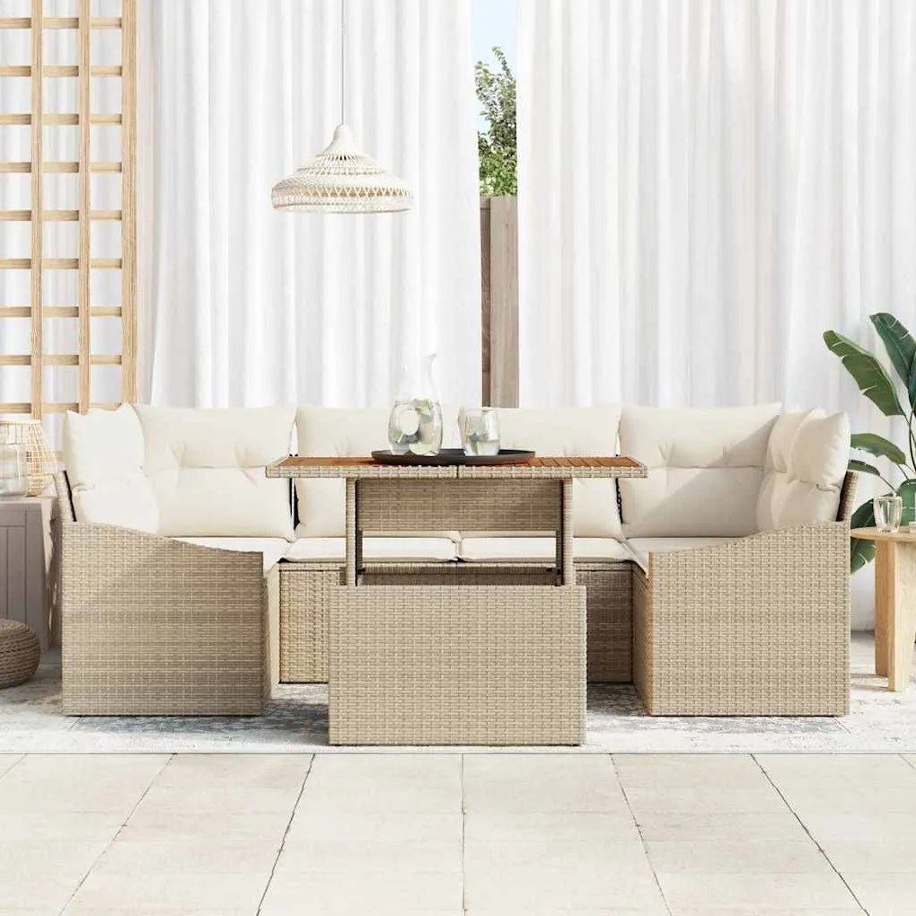 Conjunto de Jantar Jardim 7 Peças com Almofadas Beijinhas em Rattan Si