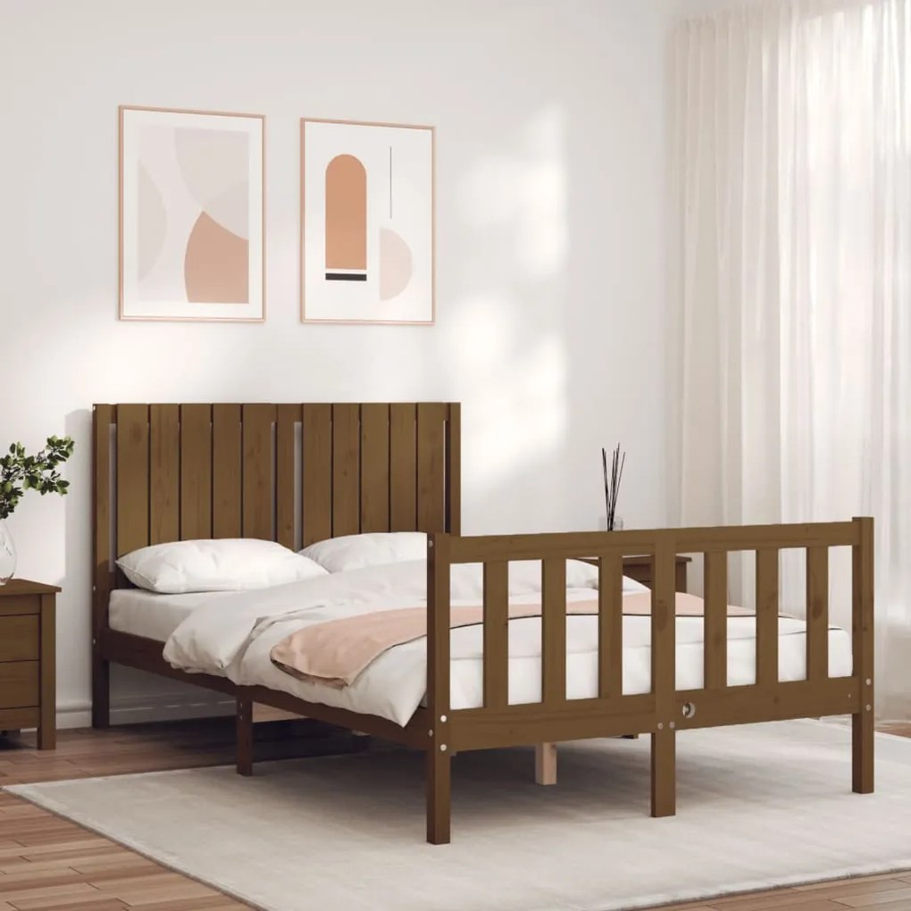 Estrutura de cama dupla pequena 4FT madeira maciça castanho-mel