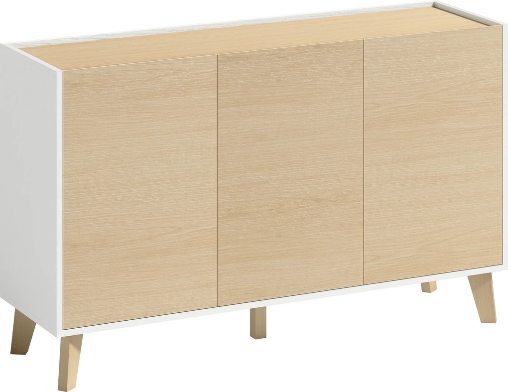 HOMCOM Buffet de cozinha, móvel de arrumação nórdico, 3 portas com fecho suave, 6 compartimentos, madeira natural e branco | Aosom Portugal