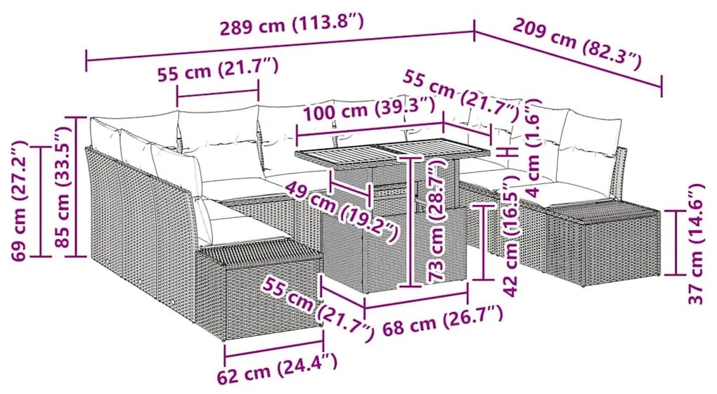 Conjunto de Jantar de Jardim com 10 peças e almofadas em rattan poliés