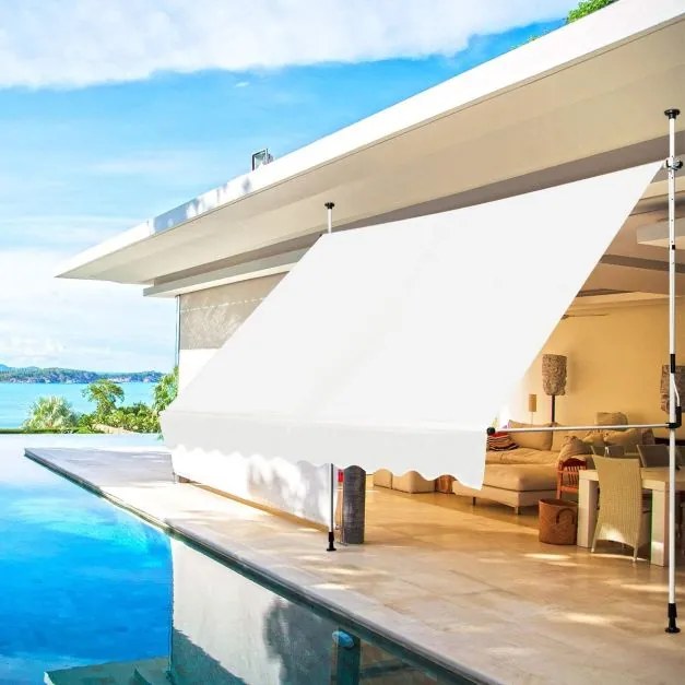 Toldo Exterior 350 x 125 cm Altura Ajustável 2-3 m com Manivela e Resistente às Intempéries Manual para Jardim e Varanda Bege