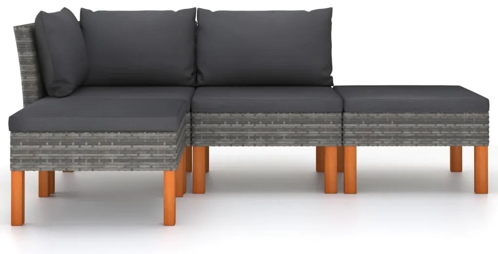 4 pcs conjunto lounge de jardim c/ almofadões vime PE cinzento