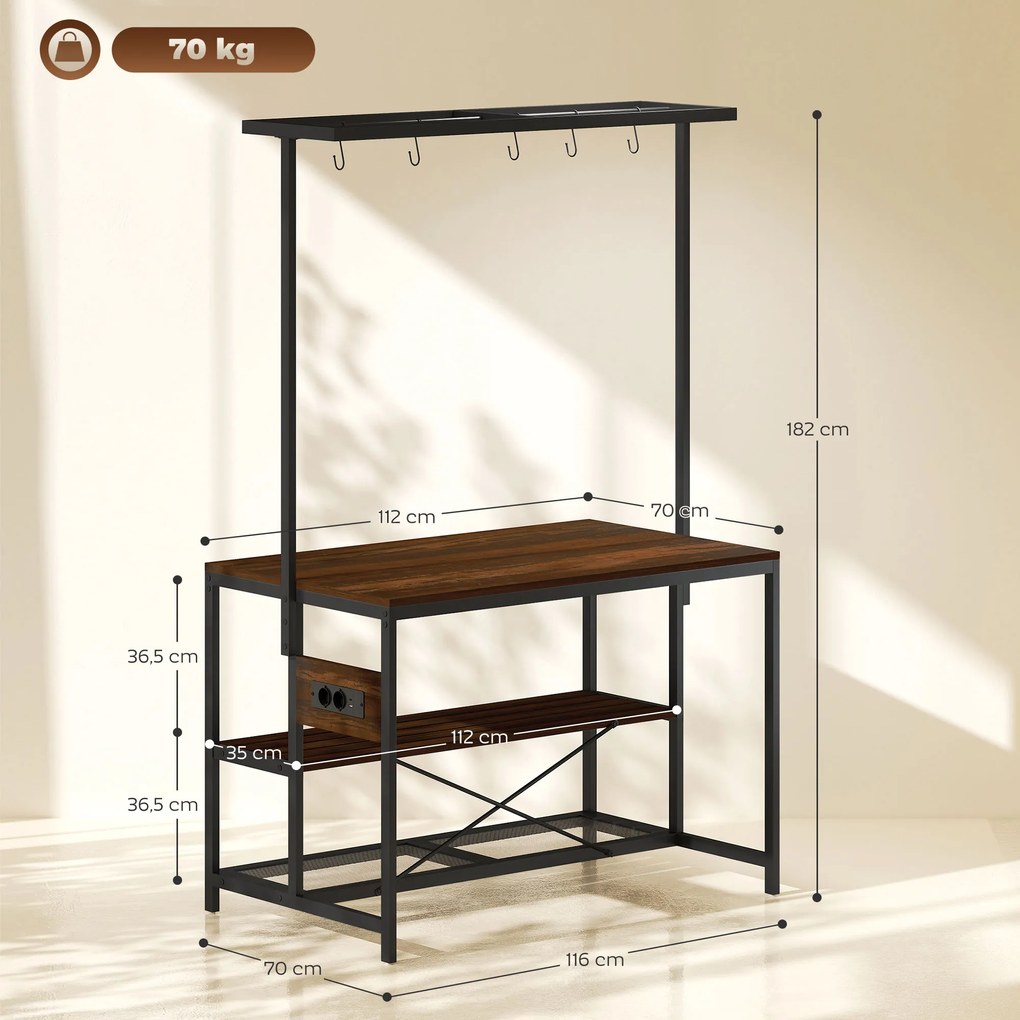Estante de Cozinha com Tomada de Corrente (BANCOS NÃO INCLUIDOS) Estilo Industrial com Prateleiras Ganchos Móvel Auxiliar 116x70x182 cm Castanho rústi