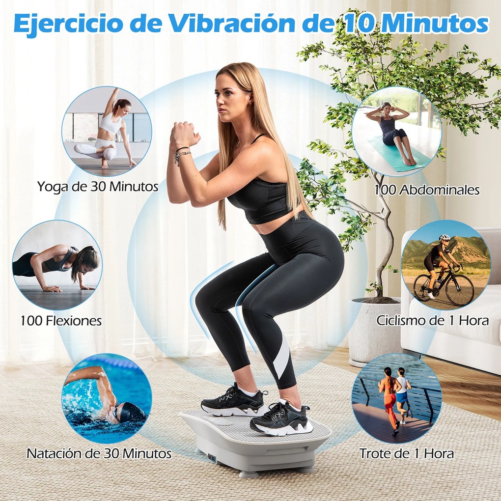 Plataforma vibratória muscular com 10 intensidades e controlo remoto para emagrecer, queimar calorias e tonificar os músculos - Cinzenta