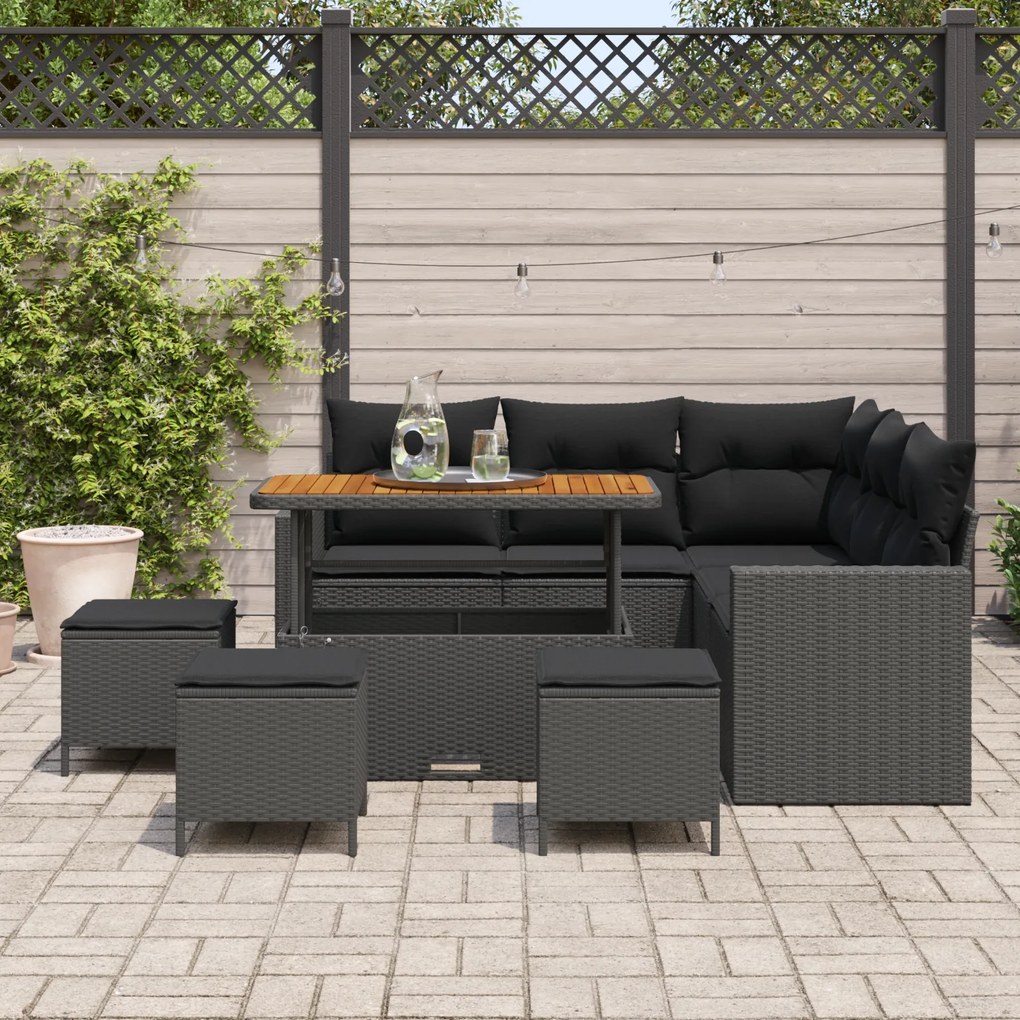 Conjunto de Sofás de Jardim vidaXL de 9 Peças com Almofadas Preto Vime