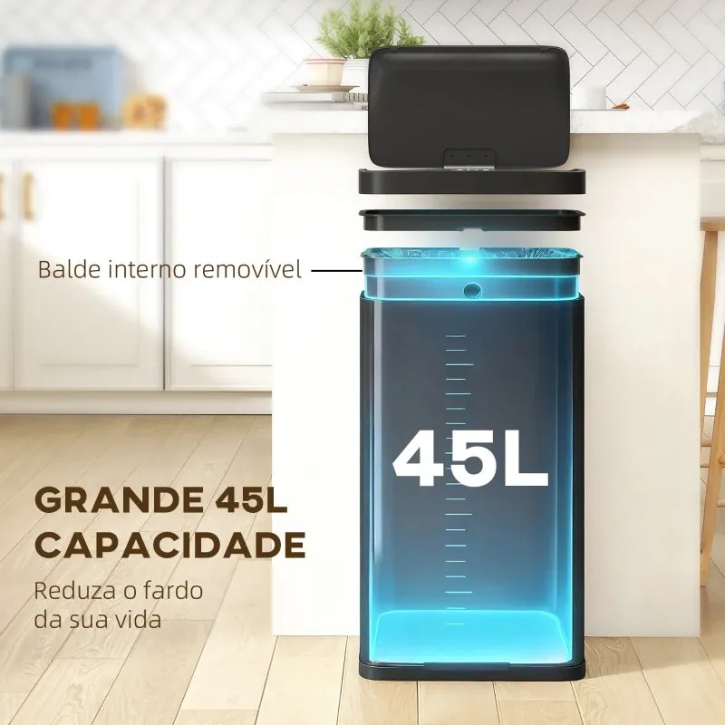 Balde do Lixo de Cozinha Automático 45 L com Sensor Infravermelho Fecho Suave 38x25,5x67,5 cm Preto