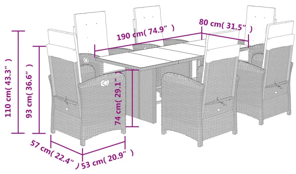 7 pcs conjunto de jantar p/ jardim com almofadões vime PE bege