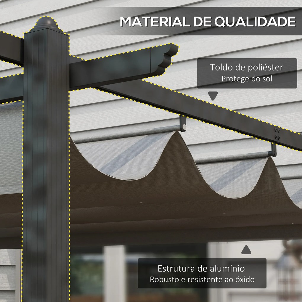 Pérgola de Jardim 3,96x2,96x2,2 m com Teto Retrátil Tecido de Poliéster e 8 Orifícios de Drenagem Cinza