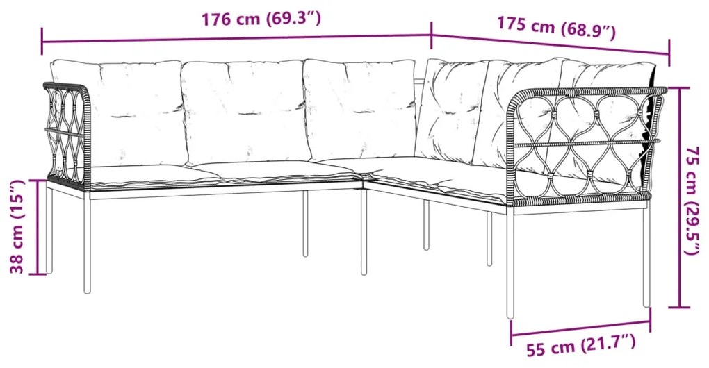 Conjunto de sofás de jardim c/ almofadões aço/textilene preto