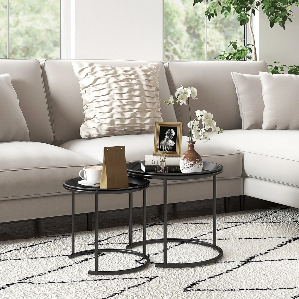 Conjunto de 2 mesas de centro redondas encaixáveis com tampos removíveis, estilo industrial, em aço, Ø 43 e Ø 35 cm, preto