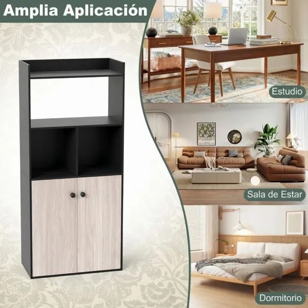 Estante 60 x 30 x 133 cm de 5 níveis com prateleiras abertas e portas para quarto, sala de estar ou escritório Preto