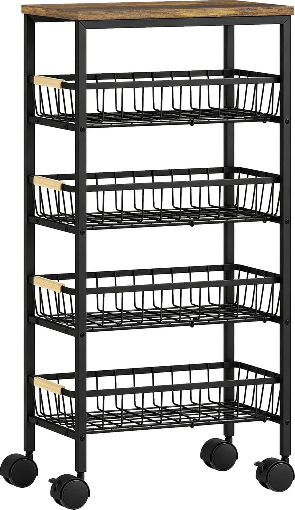 Carrinho Auxiliar com Rodas 4 Cestos Amovíveis 15 kg Estrutura Metálica para Sala de Jantar 40x24x81,5 cm Castanho Rústico