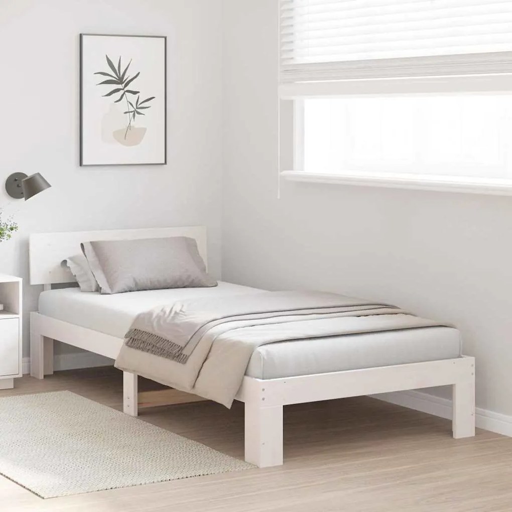 Estrado de Cama com Cabeceira Branca 75x190 cm Madeira de Pinho Maciça