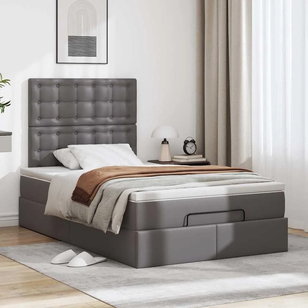 Estrutura de cama otomana com colchão cinza couro falso