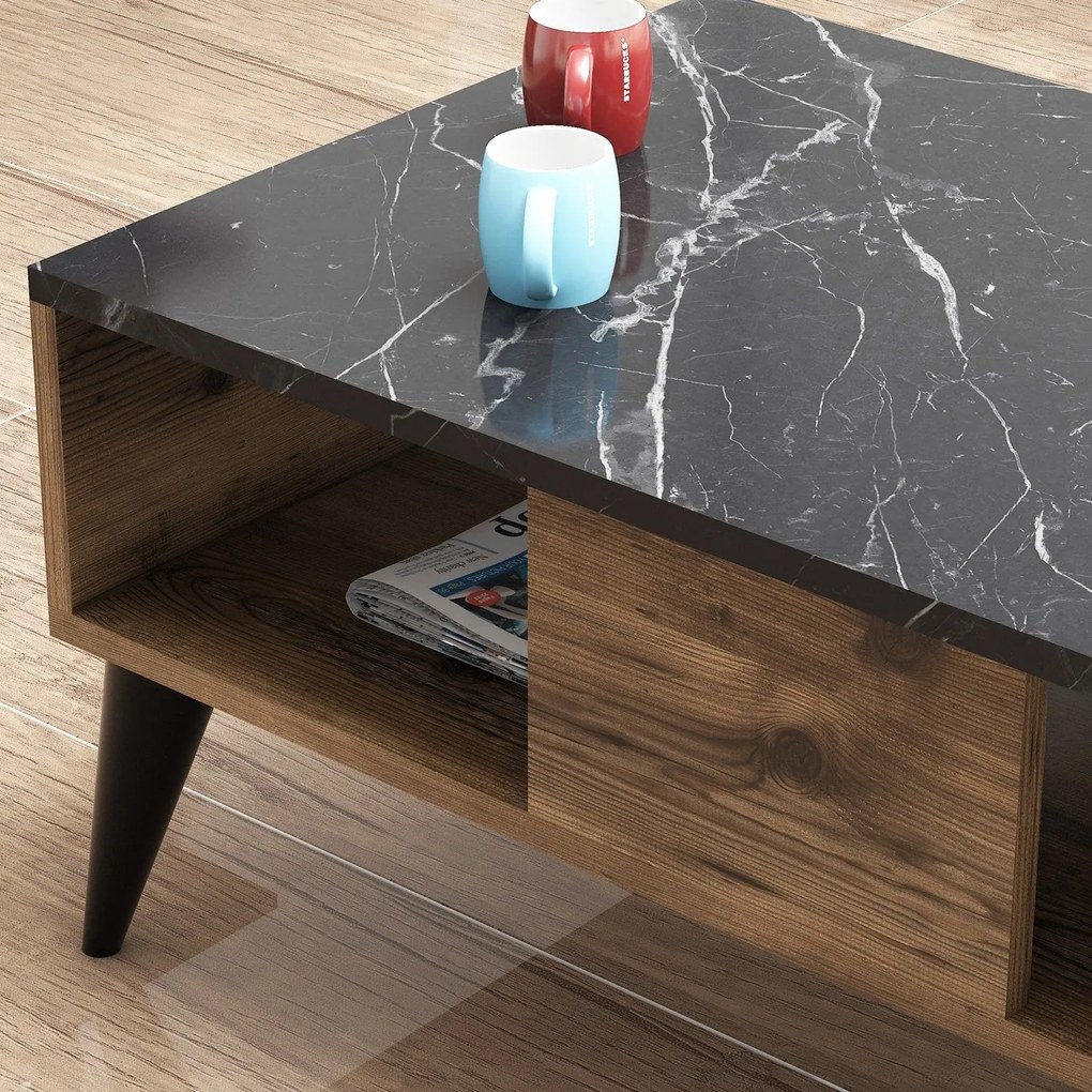 Mesa de Centro Lidya – Nogueira e Mármore – 90 cm x 39,6 cm x 54 cm