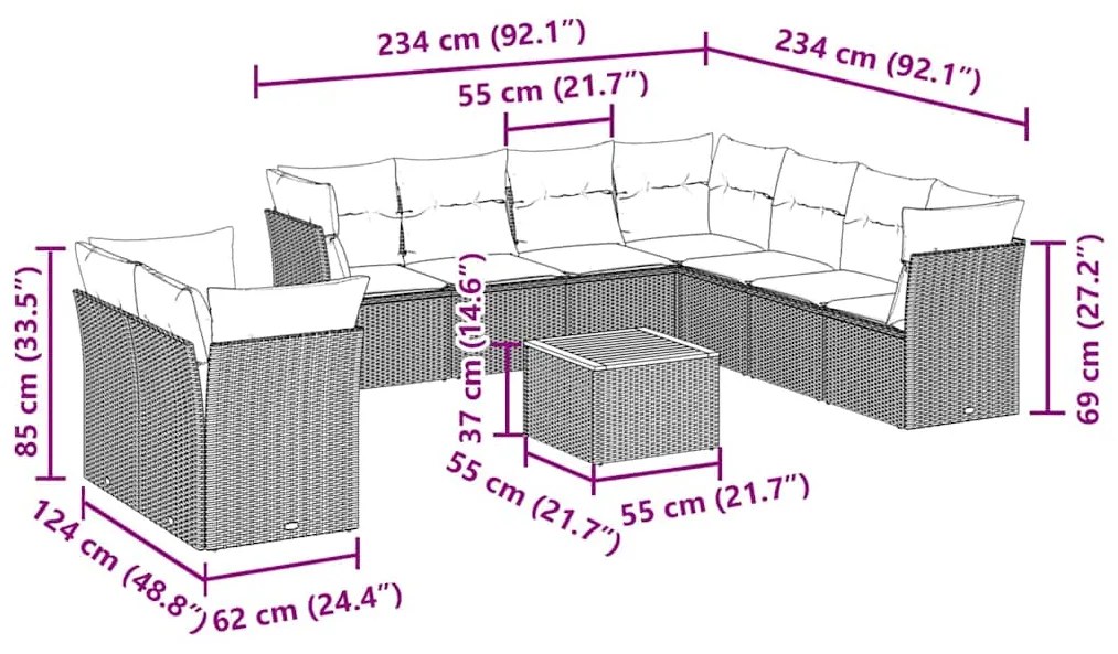11 pcs conjunto sofás de jardim c/ almofadões vime PE preto