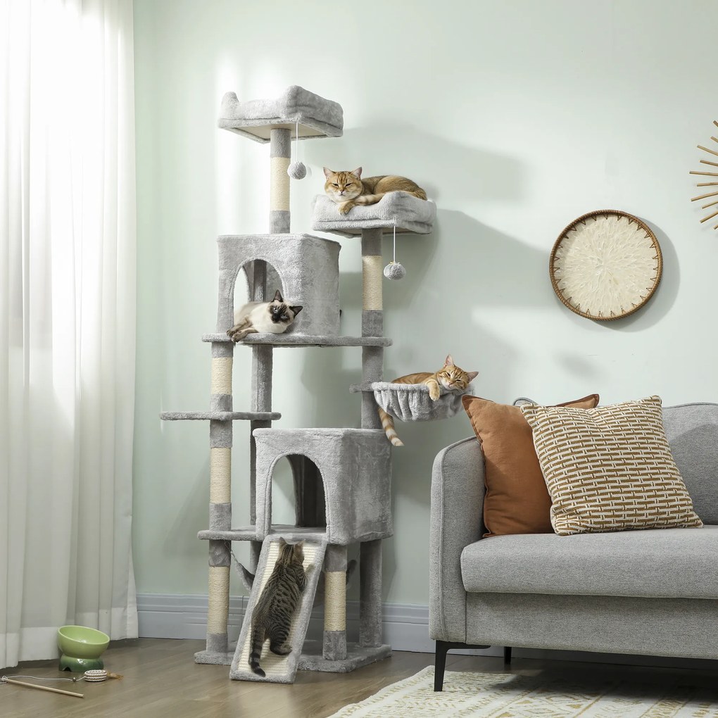 Arranhador para gatos com torre de brincadeiras: 3 plataformas, 2 compartimentos abertos, 2 camas, 2 redes e 1 escada; altura: 177 cm; cinzento claro