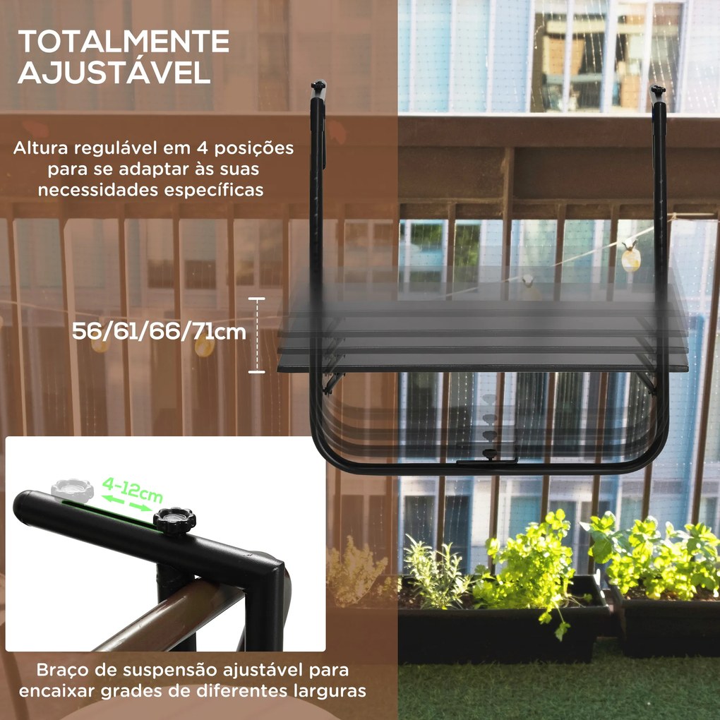 Mesa Suspensa para Varanda Mesa de Parede de Aço com Altura Ajustável em 4 Posições 60x60,5x56-71 cm Preto