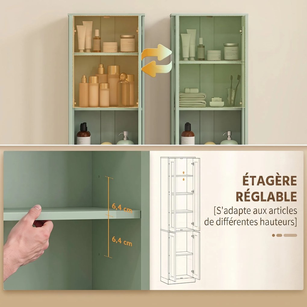 Móvel de casa de banho com 6 níveis 38 L x 26 P x 160 A cm, móvel de arrumação com 4 portas com fecho suave e prateleiras ajustáveis, verde