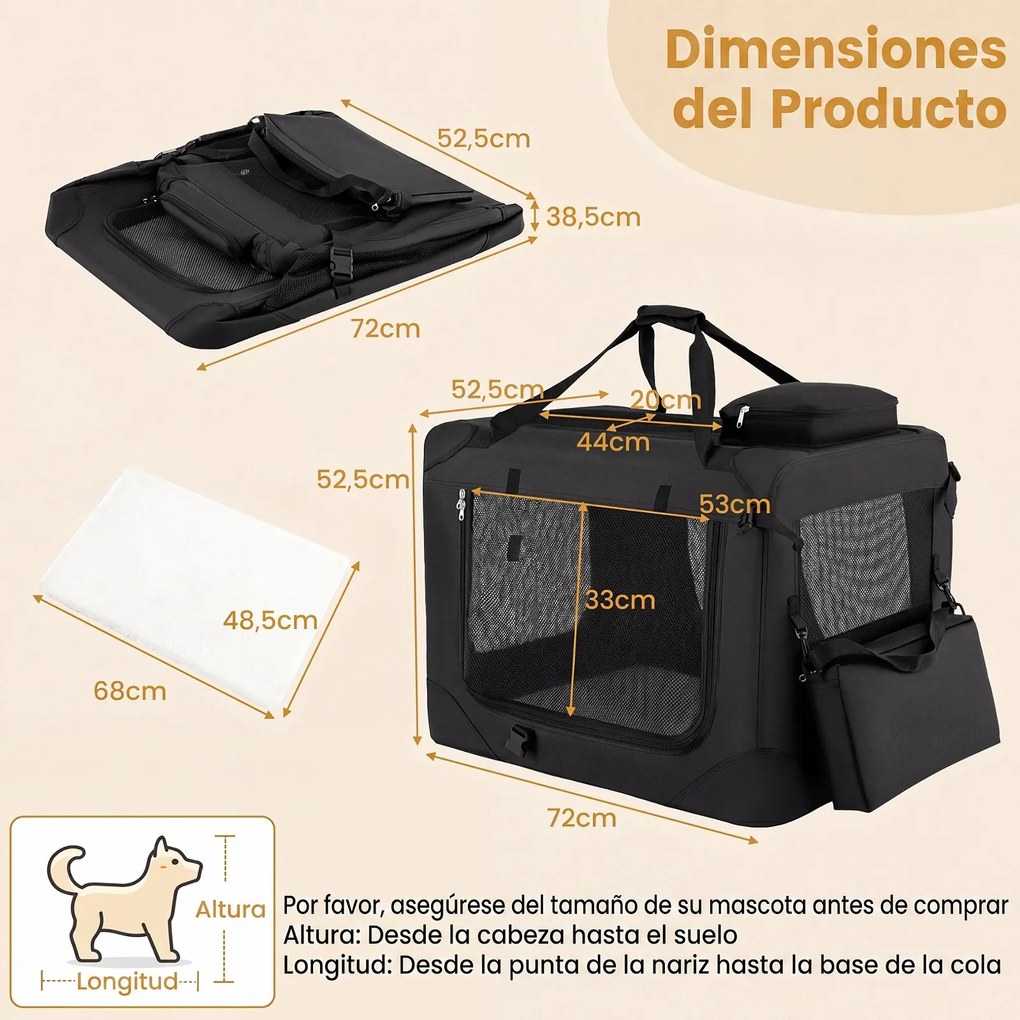 Transportadora dobrável tamanho M 72 x 52,5 x 52,5 cm para animais de estimação, com janelas de rede, 3 portas, cama felpuda e bolsos removíveis, para