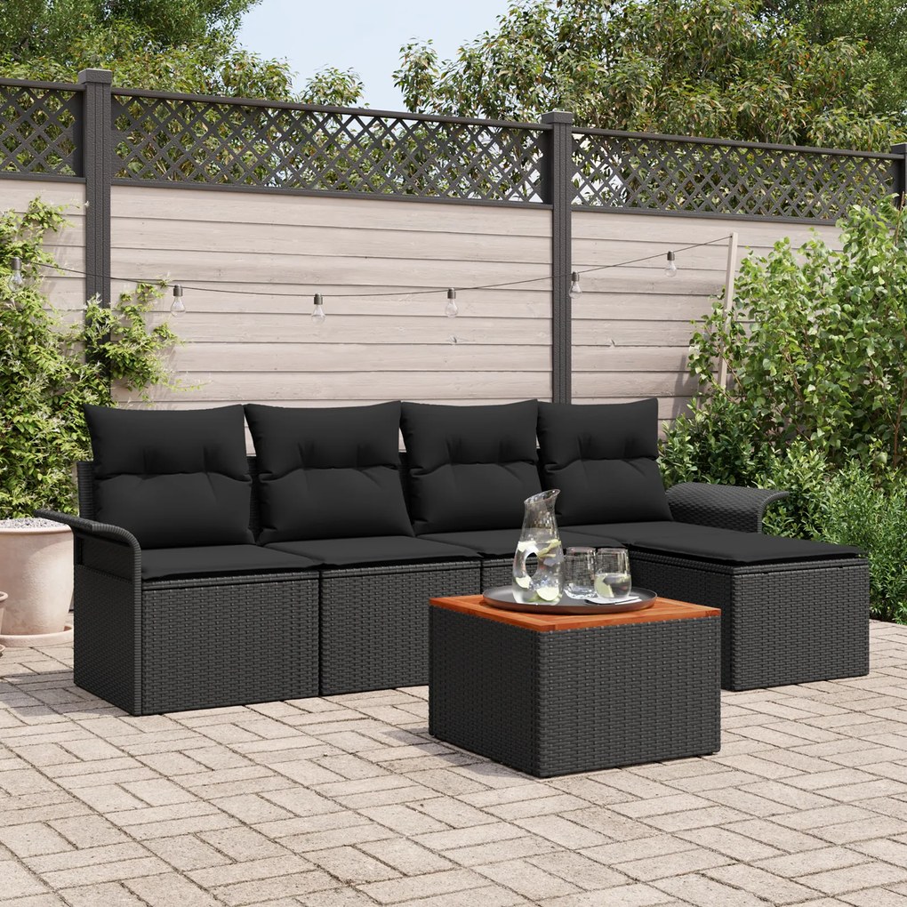 Conjunto de Sofá de Jardim vidaXL de 6 Peças com Almofadas Pretas de Vime Poly e Acácia
