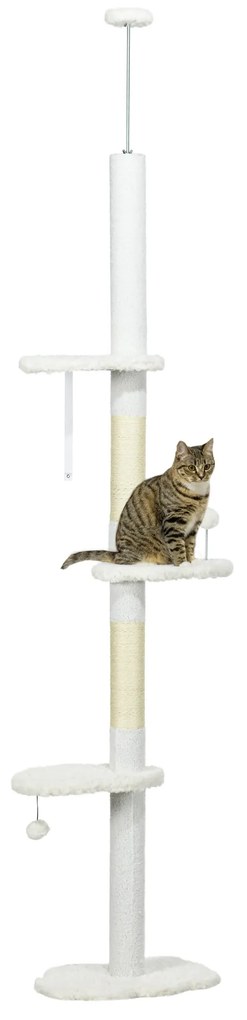 PawHut Arranhador Gatos Chão Teto Altura Ajustável 3 Plataformas Design Nuvem Confortável 48x32x225-255 cm Branco