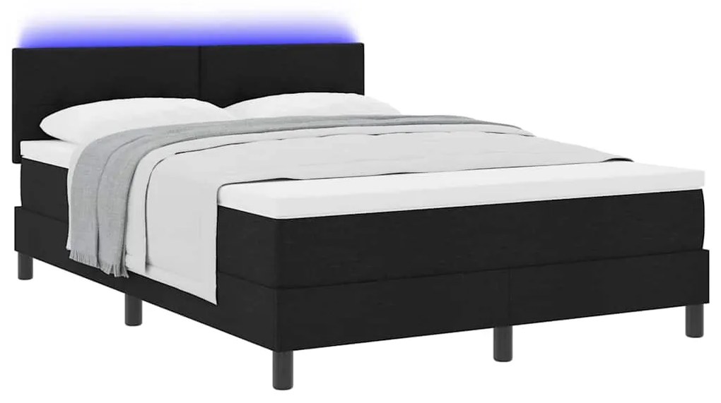 Cama Box Spring com Colchão &amp; LED Preto 140x200 cm Tecido