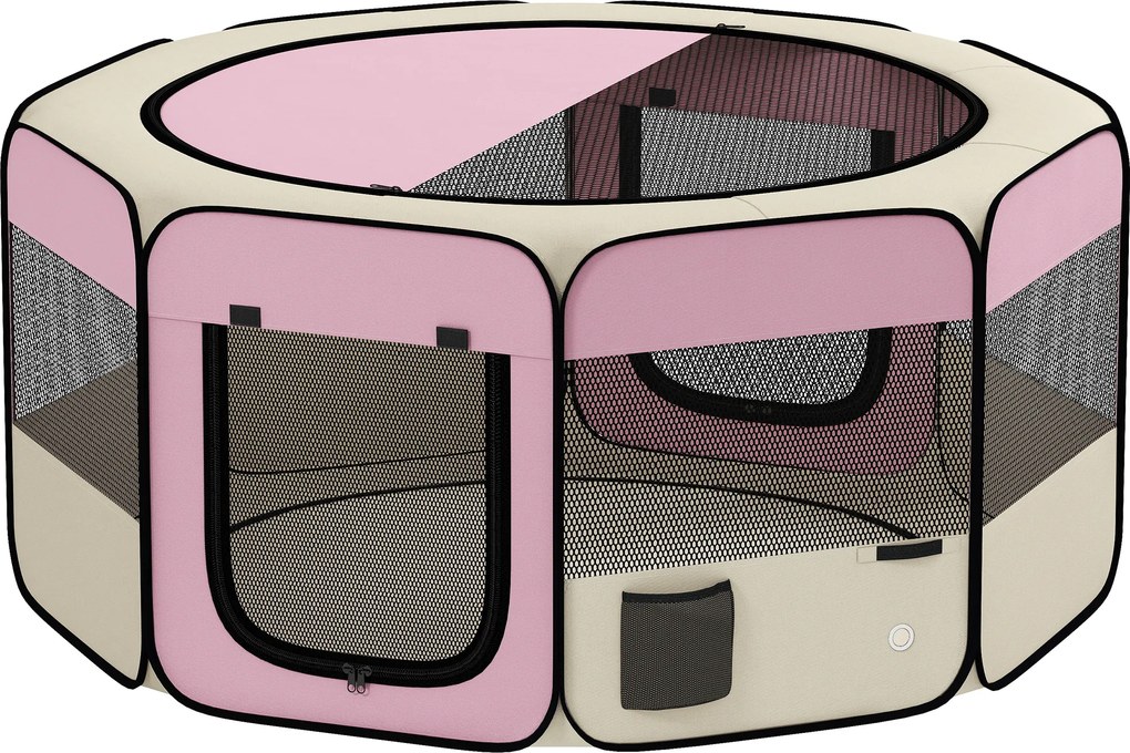 PawHut Parque Dobrável para Cães e Gatos Cercado Portátil para Animais Pequenos em Tecido Oxford Impermeável com 2 Portas Ø120x58 cm Rosa | Aosom Portugal