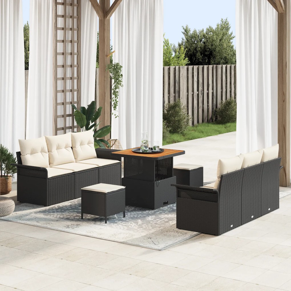 Conjunto de Sofás de Jardim 9 Peças com Almofadas Rattan Preto Poliést