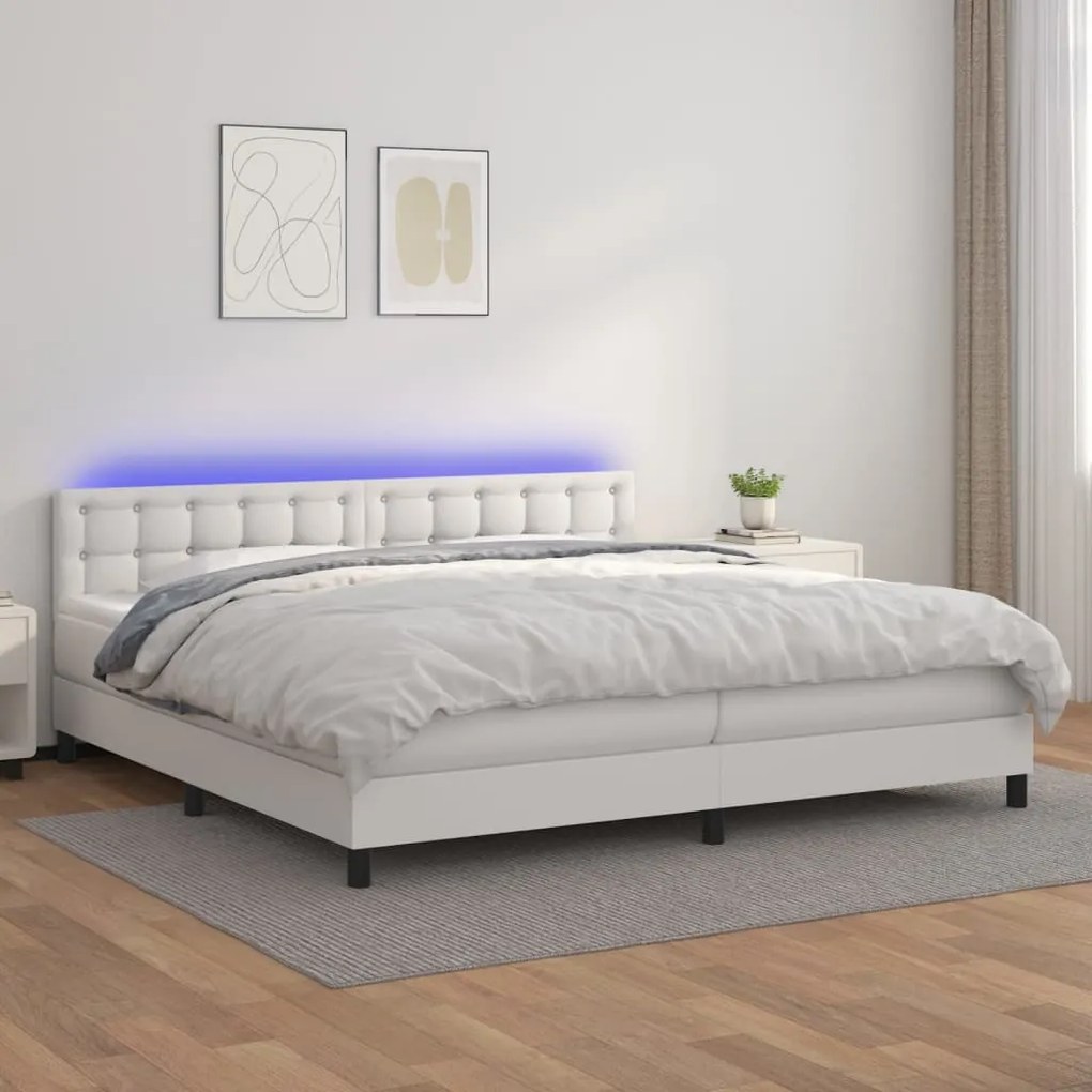 Cama box spring c/colchão/LED 200x200cm couro artificial branco