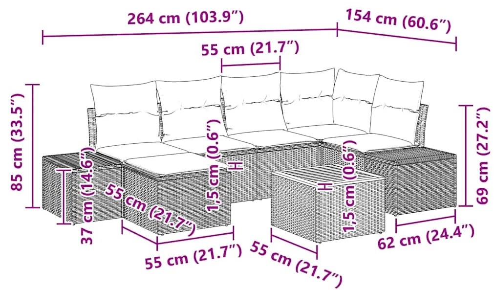 Conjunto de Sofá de Jardim de 7 Peças com Almofadas Cinza em Poliratta