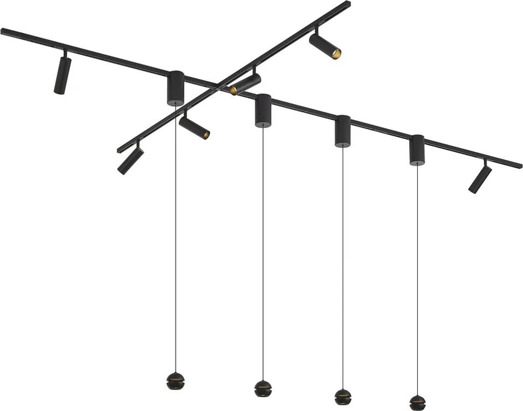 Sistema de calhas de iluminação moderno preto com 6 focos e 4 candeeiros suspensos Easylift monofásico - Slimline Uzzy Tira