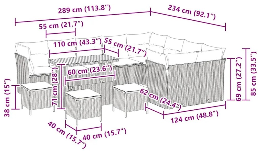 Conjunto de Sofá de Jardim com 13 Peças e Almofadas - Preto, Rattan e