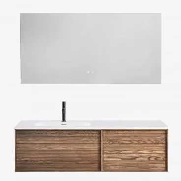 Conjunto De Móvel De Casa De Banho Suspenso 140x50 Cm Em Madeira Com Lavatório Integrado Solea Castanho Fresno & Retangular Led - Sklum