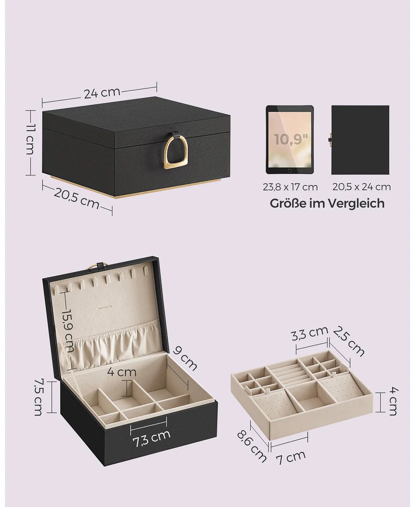 Caixa para joias com 2 níveis divisórios 20,5 x 24 x 11 cm Preto