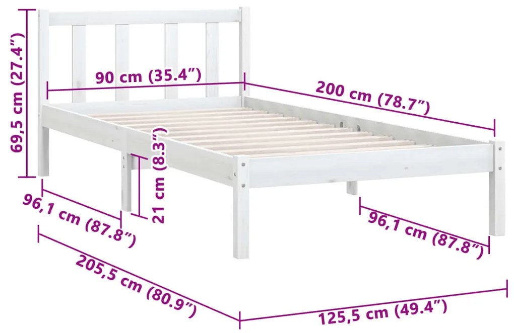 Estrutura de Cama Jane em Madeira de Pinho - 90x200 cm - Branco - Desi