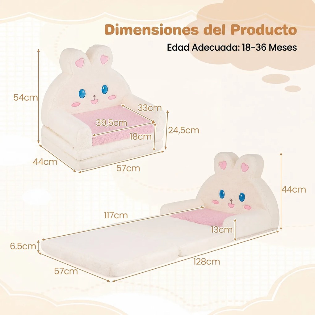 Sofá Infantil de Coelho 2 em 1, 57 x 44 x 54 cm, Convertível em Colchonete, Rosa