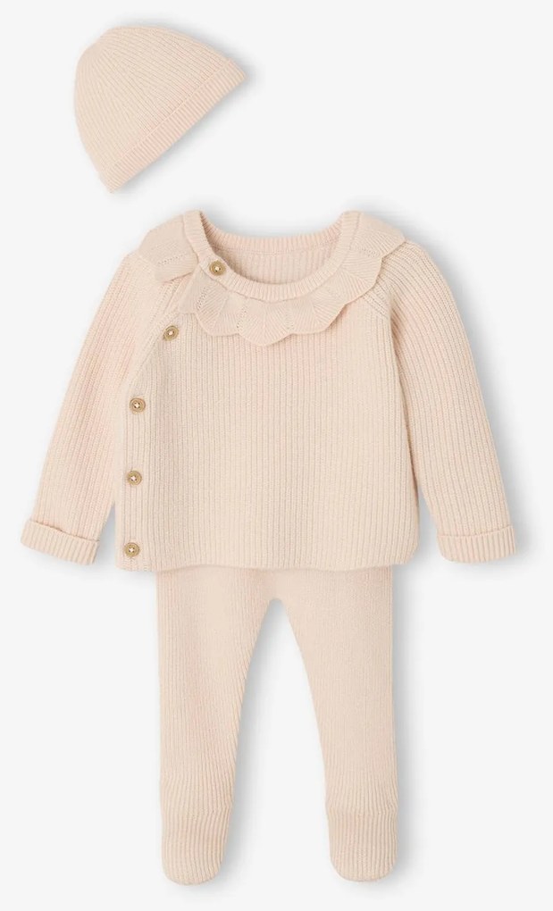 Conjunto de 3 peças em tricot para recém-nascido: casaco + calças + gorro rosa