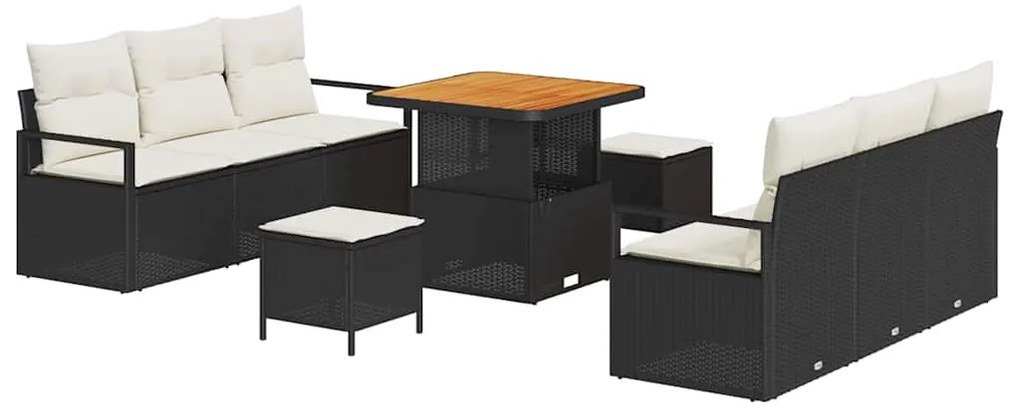 Conjunto de Sofá de Jardim com 9 Peças e Almofadas Pretas em Rattan Si
