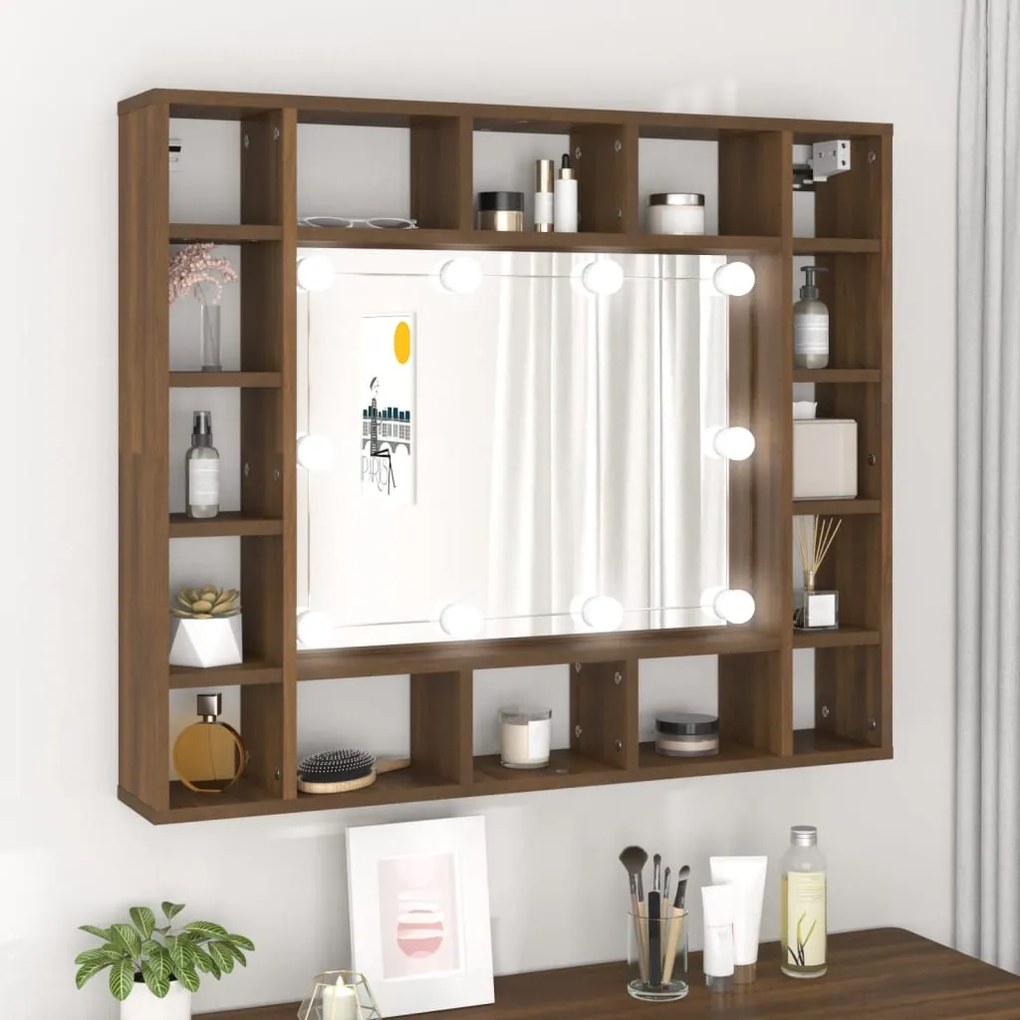 vidaXL Armário espelhado com LED 91x15x76,5 cm carvalho castanho
