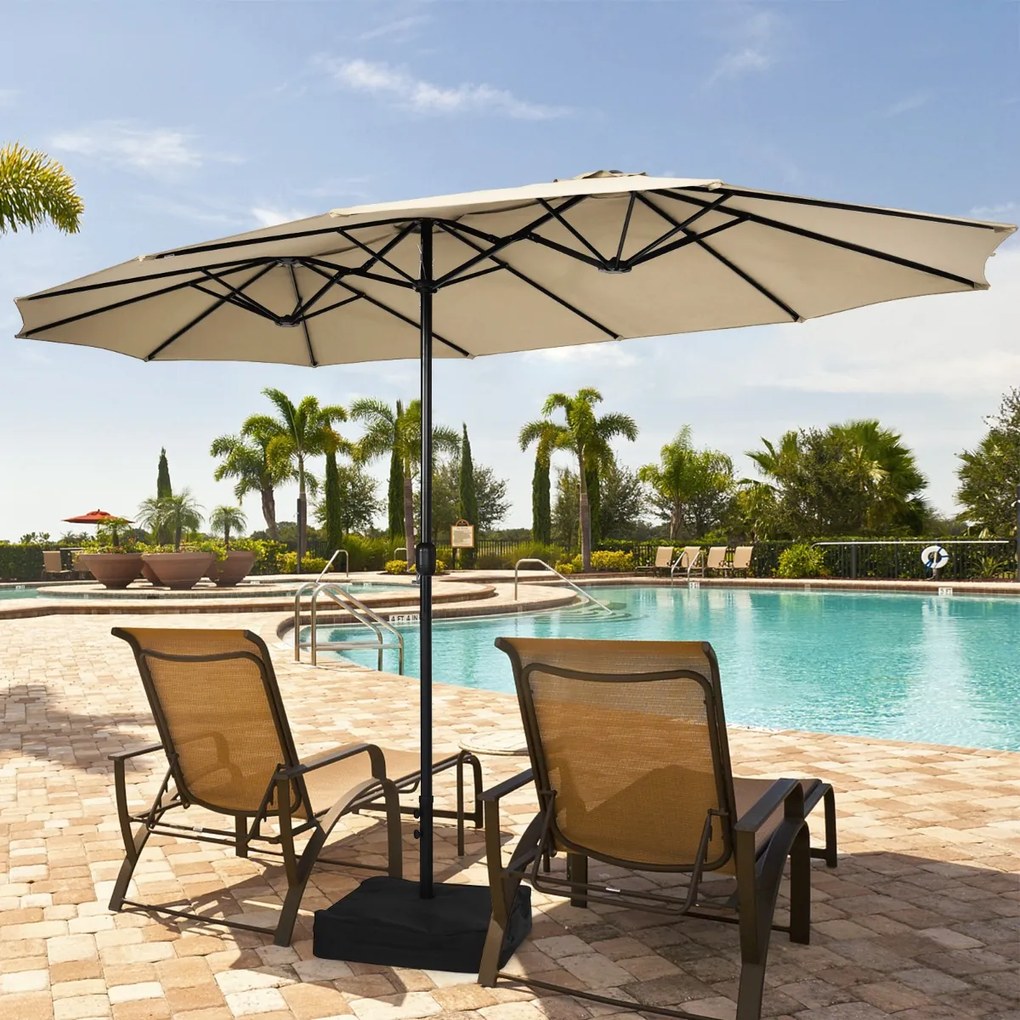 Guarda-sol duplo Jardim de 451,5 cm com base Sistema de manivela Estrutura metálica com 12 varas Ventilação de ar Café